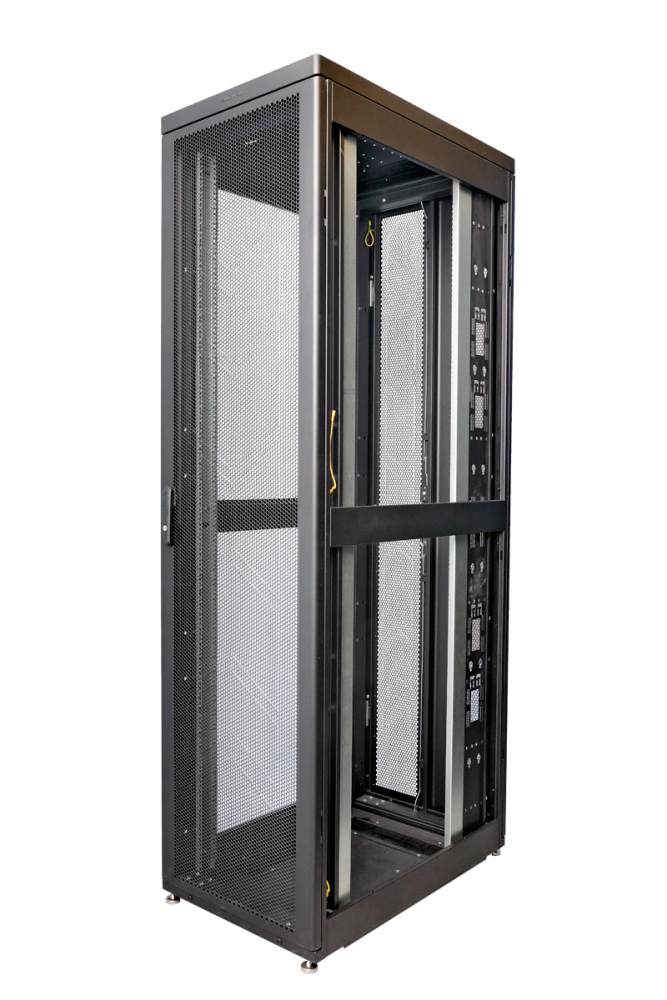 Шкаф Rackcenter D9000 48U 600 × 1200, передняя дверь перфорированная одностворчатая, задняя дверь перфорированная двустворчатая, без боковых стенок, черный